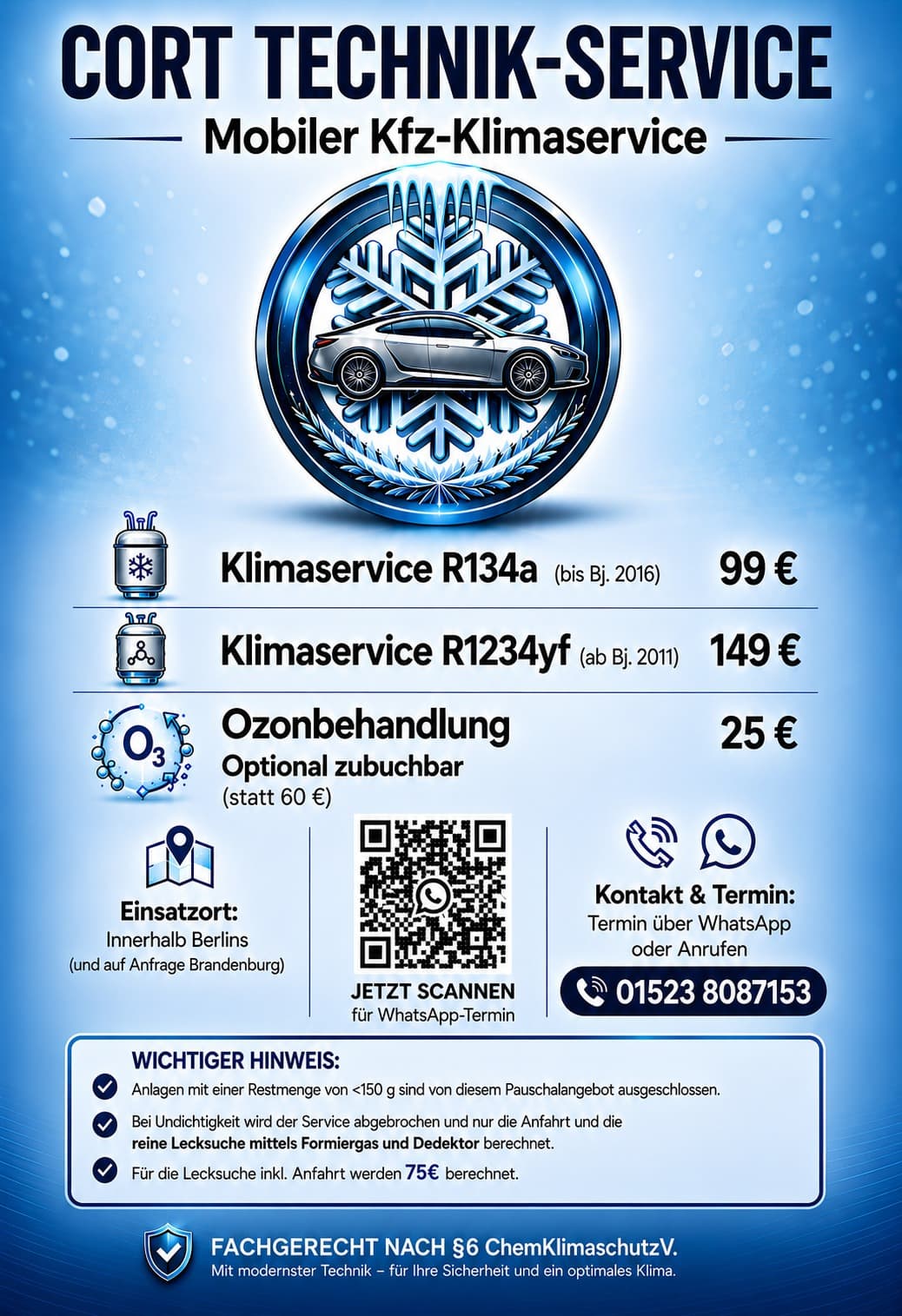 Preisübersicht für mobilen Kfz-Klimaservice von Cort Technik-Service